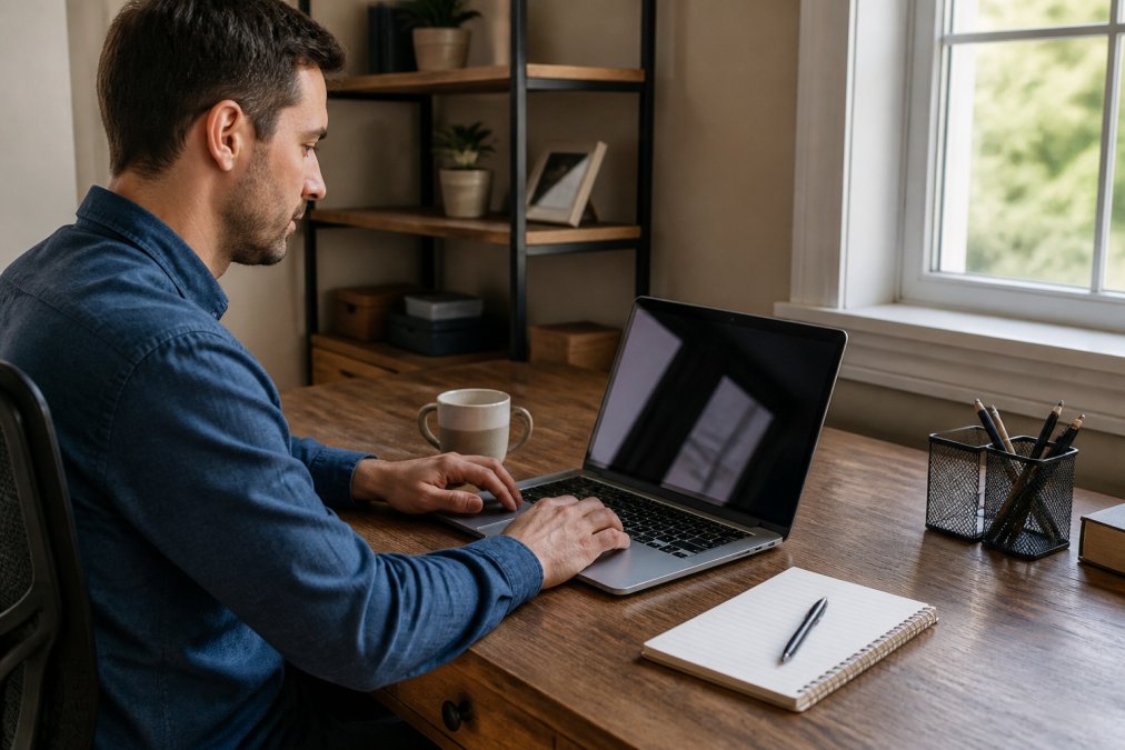 Person using a laptop to access the Tennessee police report portal at a home desk to learn how to get police report after