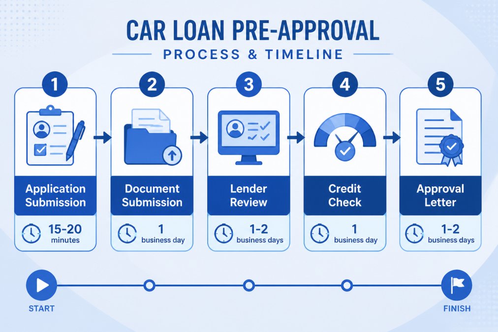 Flowchart showing 5-step pre-approval process: Step 1 Application Submission (15-20 minutes) → Step 2 Document Submission (1 business day) → Step 3 Lender Review (1-2 business days) → Step 4 Credit Check (1 business day) → Step 5 Approval Letter (1-2 business days)