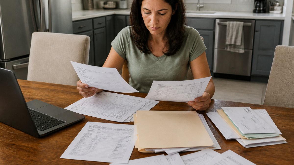 A person at a kitchen table sorting pay stubs, W-2 forms, bank statements, and a folder of financial paperwork next to an open laptop