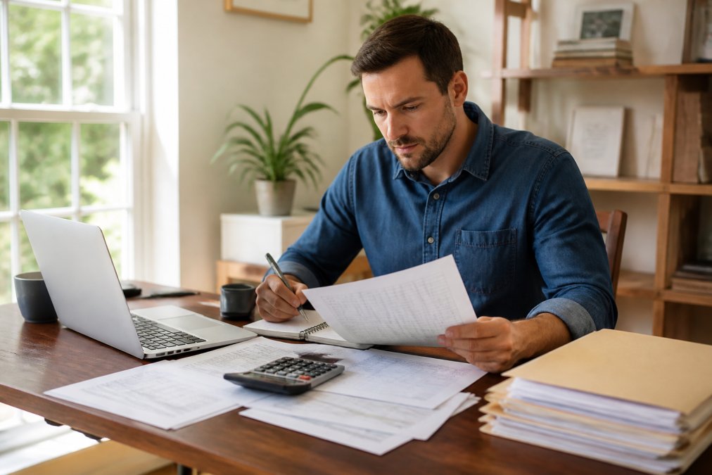 Professional homebuyer sitting at home office desk reviewing mortgage documents and bank statements with laptop, pen, calculator, and organized file folders in natural daylight