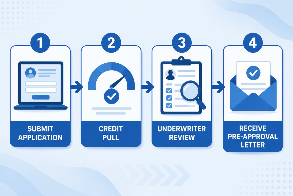 Flowchart detailing the four steps to get a used car loan pre-approval online