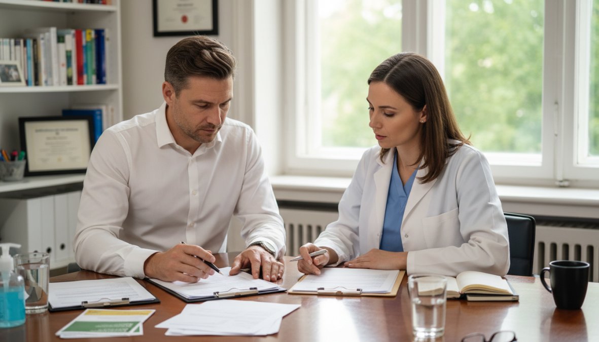 A male patient sitting across from a doctor in a clean clinic office, reviewing printed lab results together during a consultation, warm natural light coming through a window behind the physician
