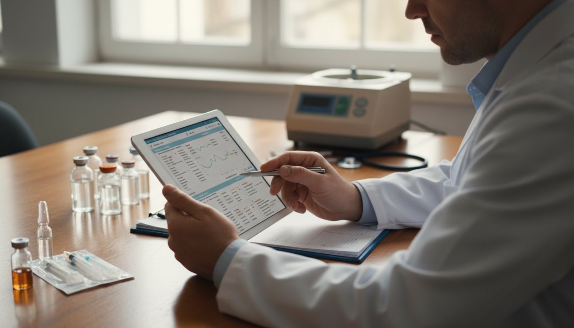 Close-up of a healthcare provider reviewing printed lab results on a tablet at a desk, with small medical vials and a blood draw kit visible nearby, clinical overhead lighting