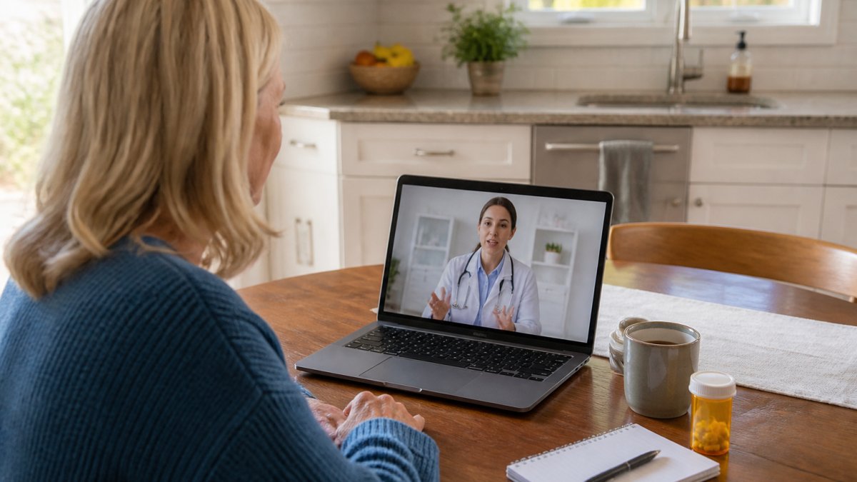 A person sitting at a kitchen table with a laptop open to a video call with a doctor, a pill bottle and notepad beside them, natural morning light