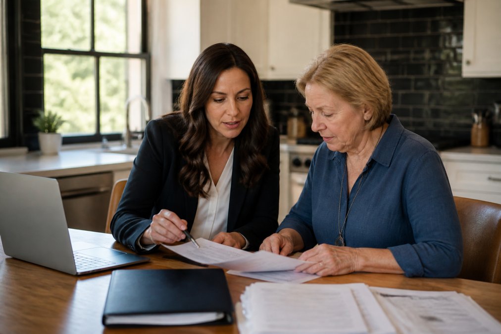 A real estate agent and a homeowner sitting at a kitchen table reviewing paperwork together, with a laptop and folder of documents visible, warm natural light coming through a window