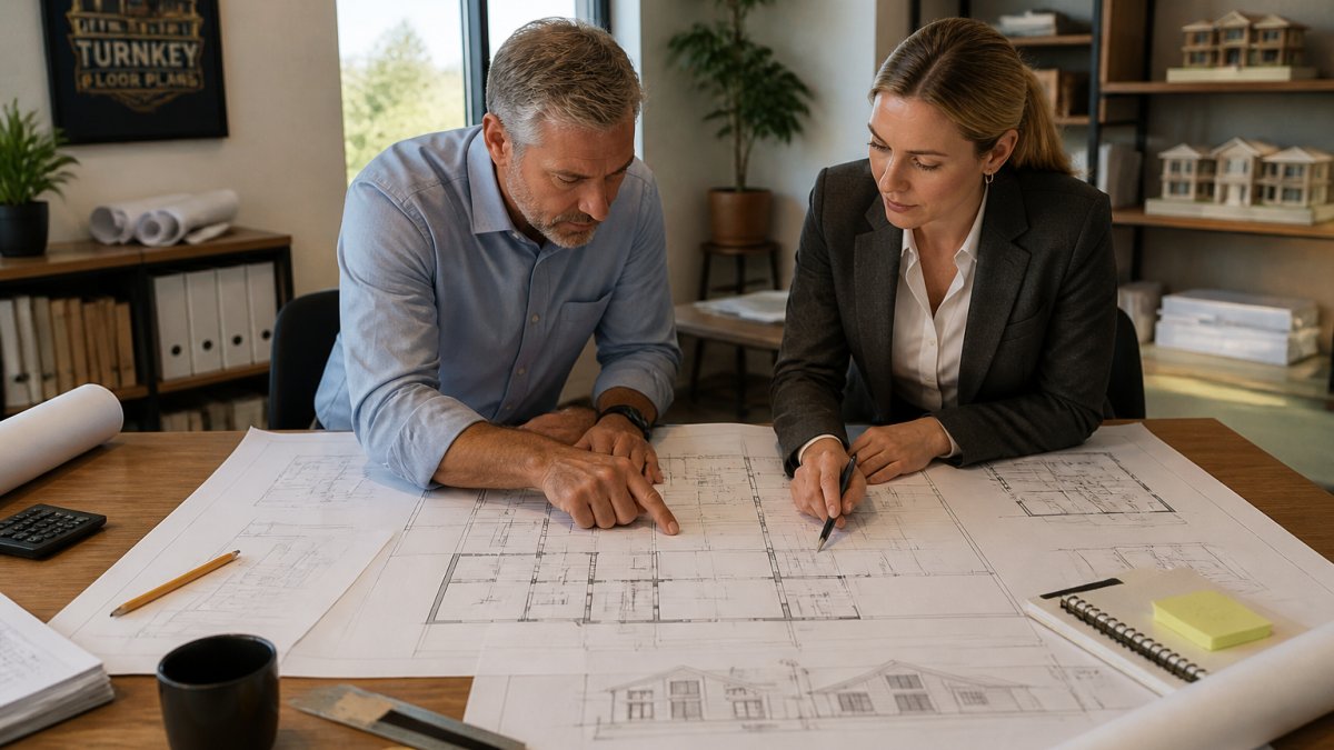 A residential architect and a structural engineer reviewing large-format building plans on a drafting table in a bright office, pointing at structural details and elevations