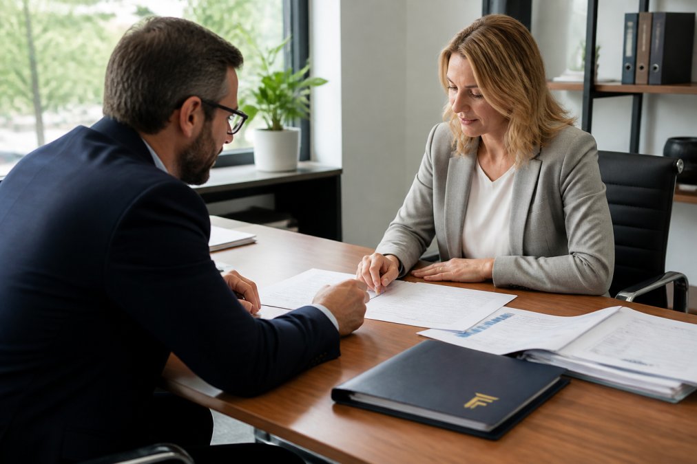 A business owner reviewing financial documents with a loan advisor across a desk in a modern office setting, natural window light