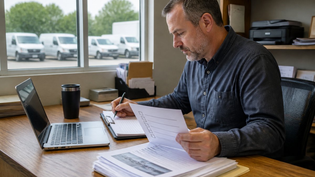 A business owner at a desk reviewing a printed checklist and insurance documents for a fleet of vehicles, with a laptop open showing a spreadsheet of vehicle details