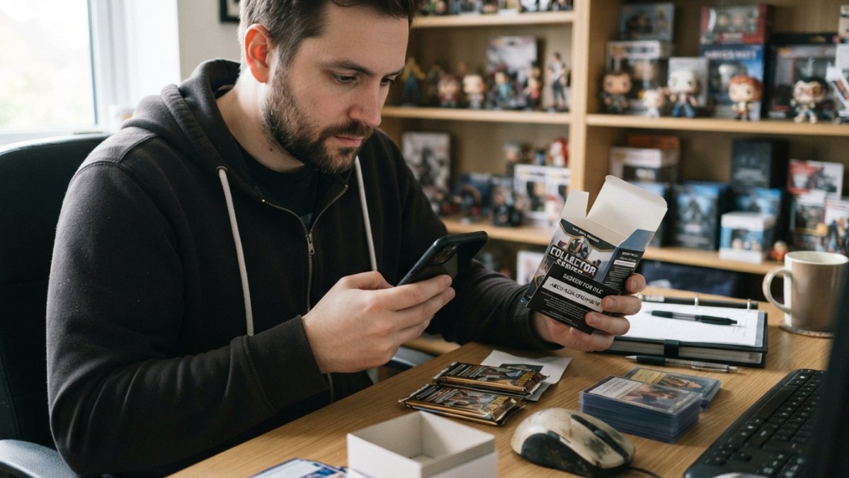 Collector holding a trading card box and smartphone, entering a digital code into a gaming platform, sitting at a desk with collectibles visible