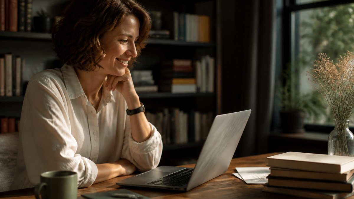 Author at a bright desk viewing a process diagram to help readers join newsletters through a signup page.