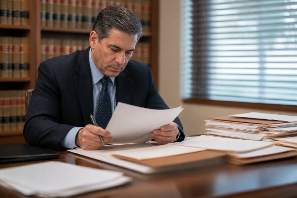 Criminal defense attorney reviewing case documents and legal files at a desk in a professional law office, with law books and client files visible