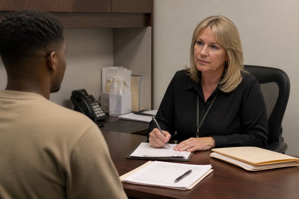 Pretrial services officer conducting a structured interview with a defendant in a professional office setting, with assessment forms and computer visible