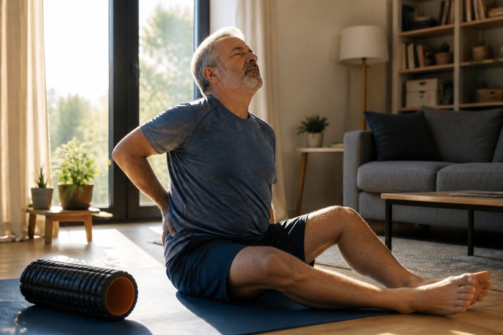 A man in his late 50s sitting on a yoga mat in a bright living room, gently stretching his lower back with a foam roller nearby, morning light through the window