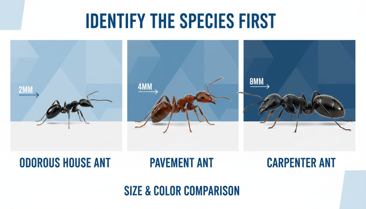 Extreme close-up macro photograph of three different ant species side by side on a white kitchen countertop surface, showing size and color differences between small black odorous house ants, medium brown pavement ants, and larger black carpenter ants