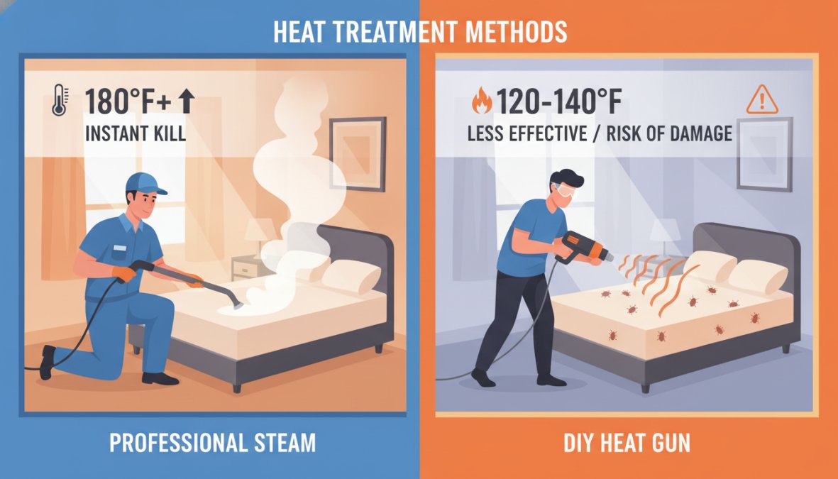 Male [pest control](/pest-control-vs-diy-extermination-methods/) technician in uniform kneeling beside a bed in a residential bedroom, directing a professional-grade steam cleaner nozzle slowly along the mattress surface, with visible steam rising in the warm indoor lighting
