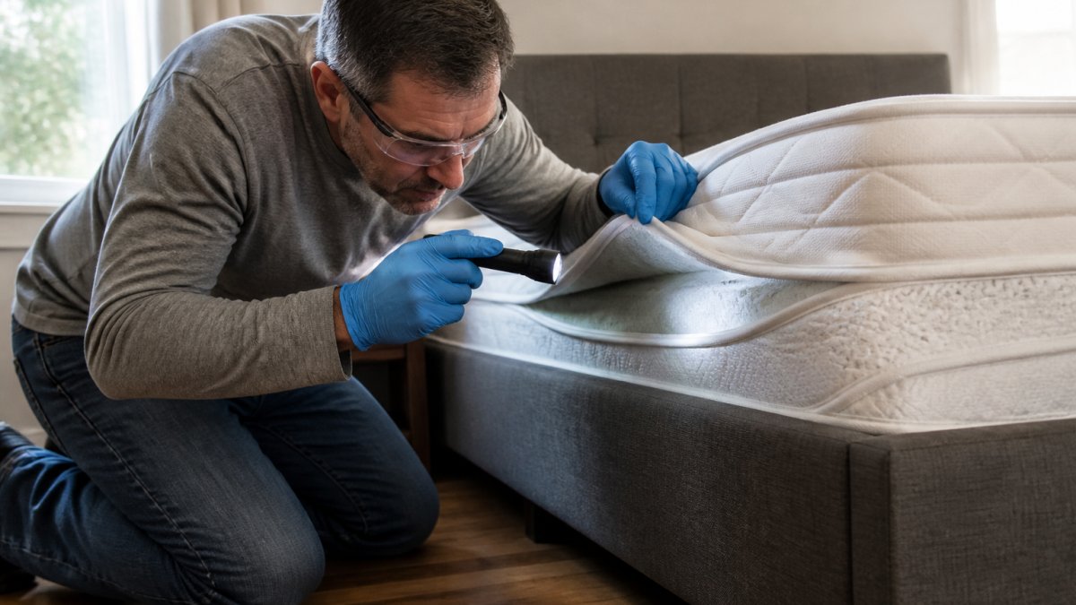 Homeowner wearing gloves using a flashlight for green pest control inspection of mattress seams