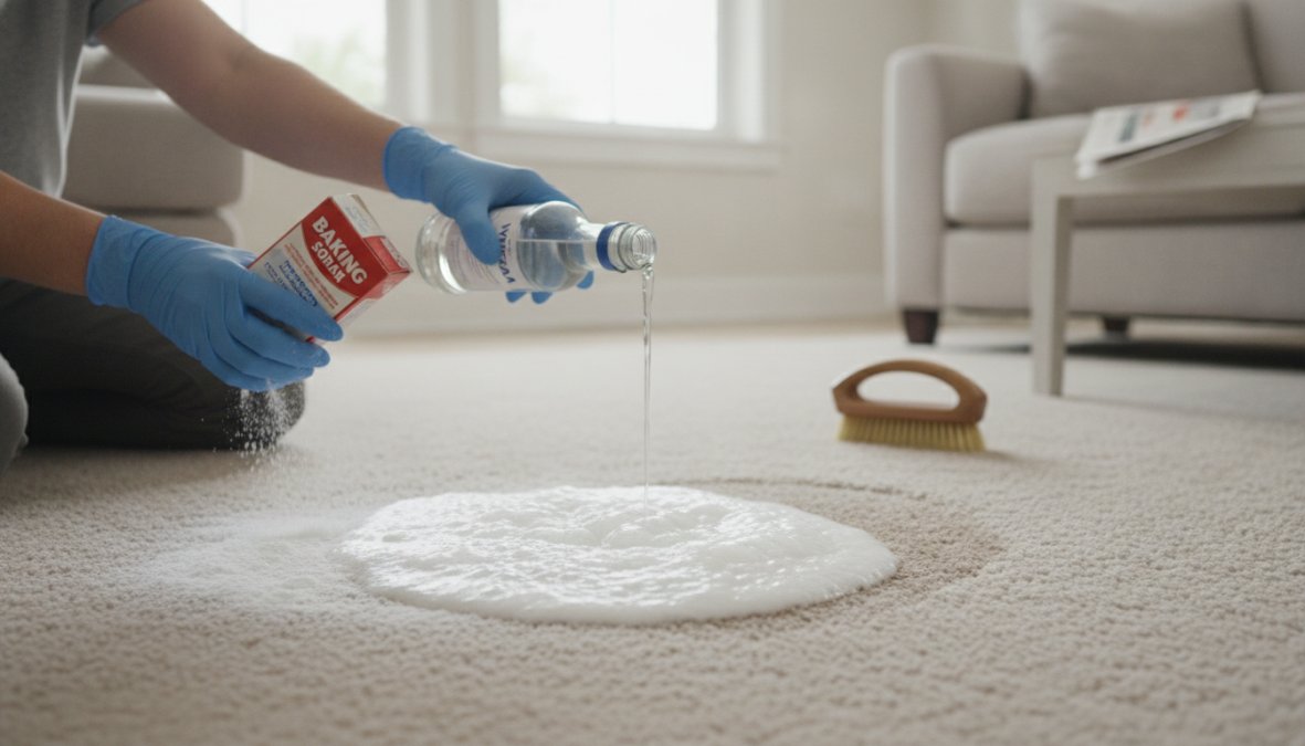 Close-up of hands sprinkling baking soda evenly across carpet fibers, with a spray bottle of white vinegar solution on a wooden floor beside the carpet