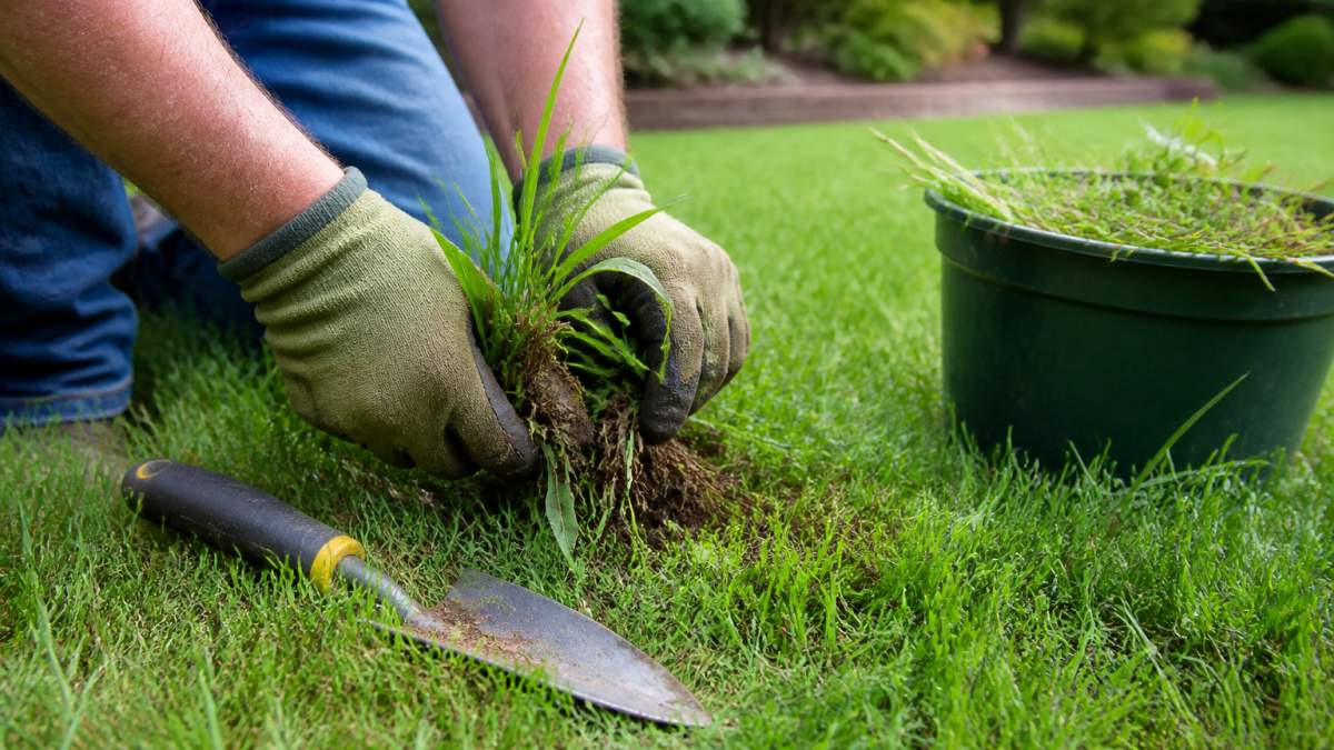 Gloved hands pulling a crabgrass clump from a lawn during crabgrass removal with a trowel and bucket nearby