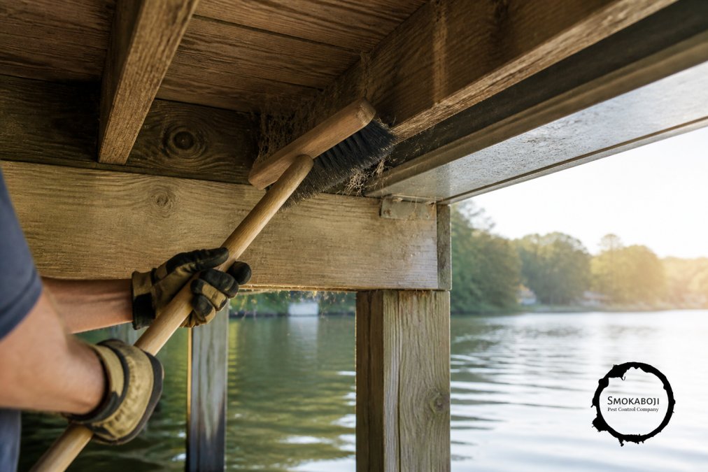 A person wearing work gloves using a stiff broom to clear cobwebs and debris from the underside of a wooden boat dock frame near the water on a bright summer morning
