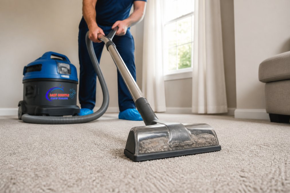 Professional carpet cleaning technician using HEPA-filter vacuum with proper technique on residential carpet fibers, showing close-up of suction action and debris removal