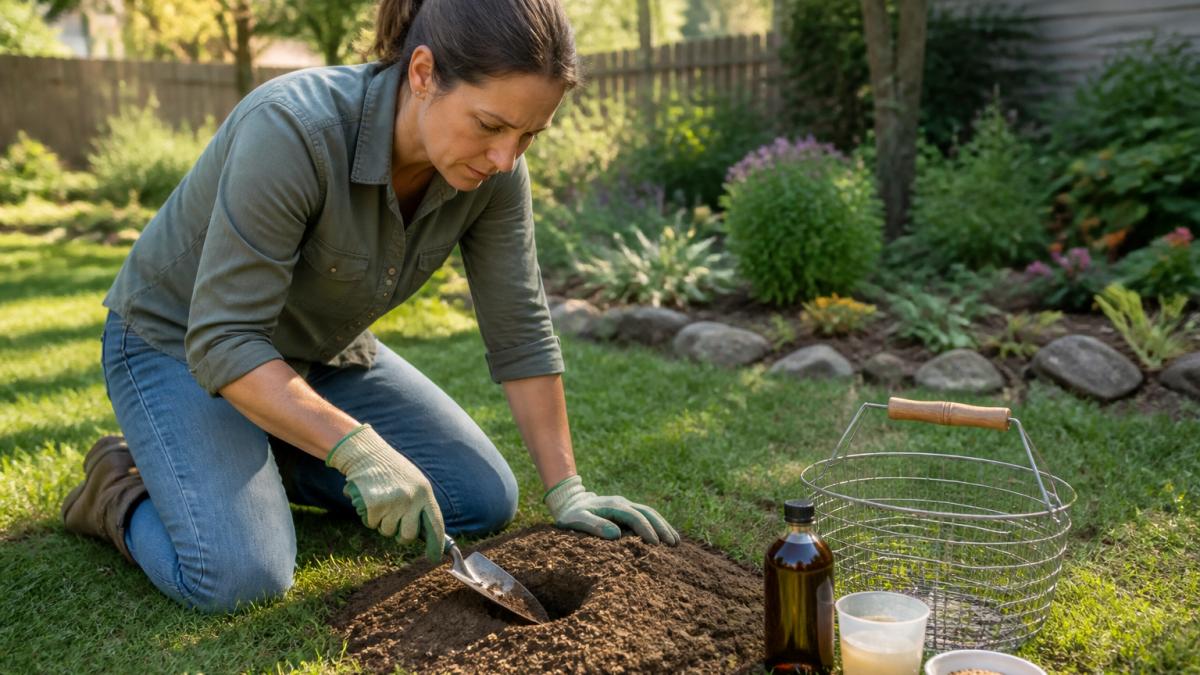 A homeowner kneeling in a garden, carefully examining a fresh fan-shaped gopher mound with a small trowel, wearing gardening gloves, with a wire mesh basket and a bottle of castor oil concentrate nearby, natural sunlight