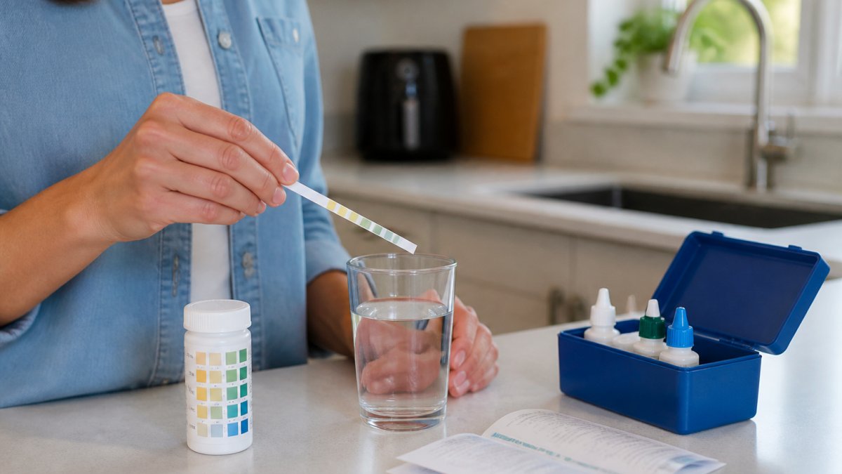 Homeowner using a test strip to check for hard water in a glass of tap water in a bright kitchen
