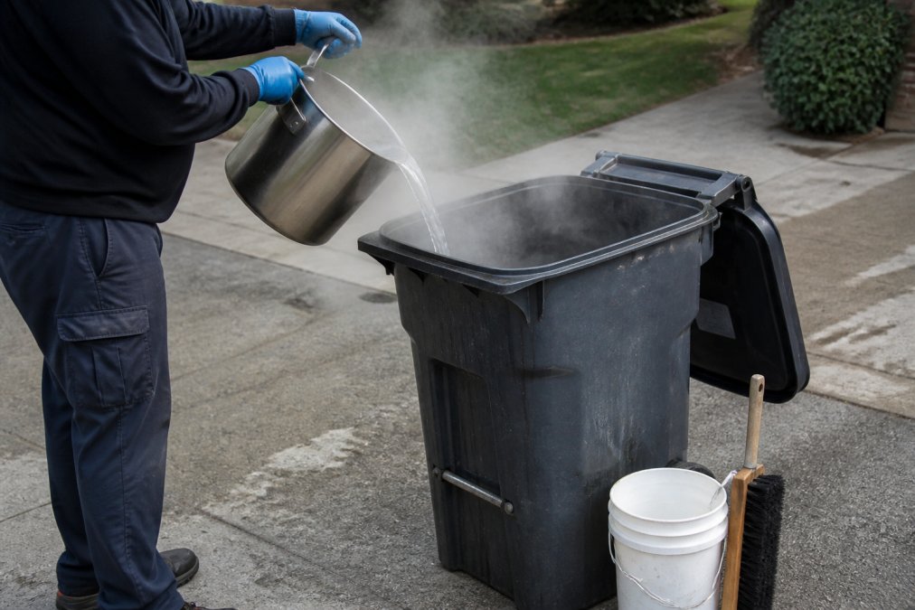 Homeowner pouring boiling water into a trash can to kill maggots in trash can while cleaning the bin outside.