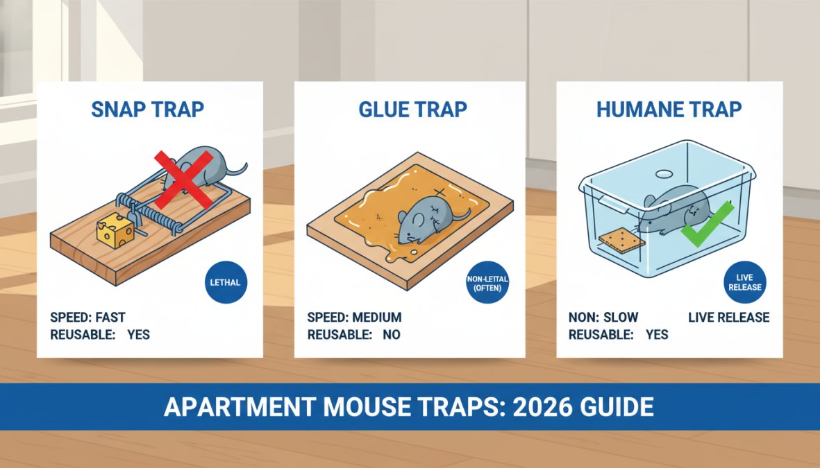 Flat lay on a kitchen floor showing three mouse traps side by side near a baseboard: a wooden snap trap, a glue board, and a clear plastic humane catch-and-release trap, photographed under natural window light