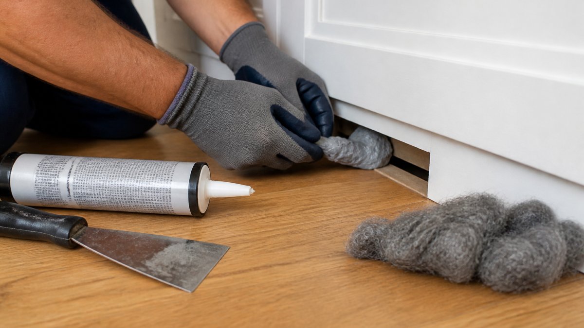 Close-up of hands wearing work gloves applying proofing paste and wire wool to a gap beneath a kitchen skirting board, with a tube of sealant and tools visible on the floor nearby