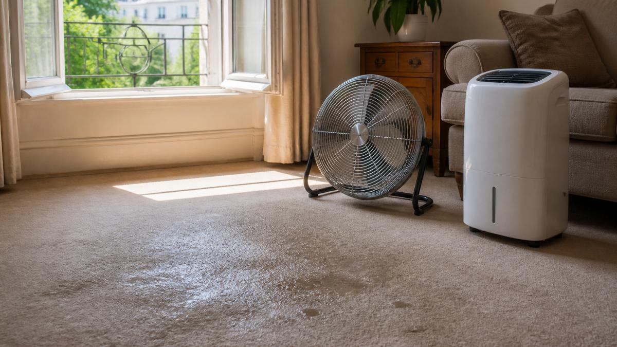 A sunlit living room with a wet carpet, a large sash window wide open, a box fan angled at the floor, and a dehumidifier running beside a sofa