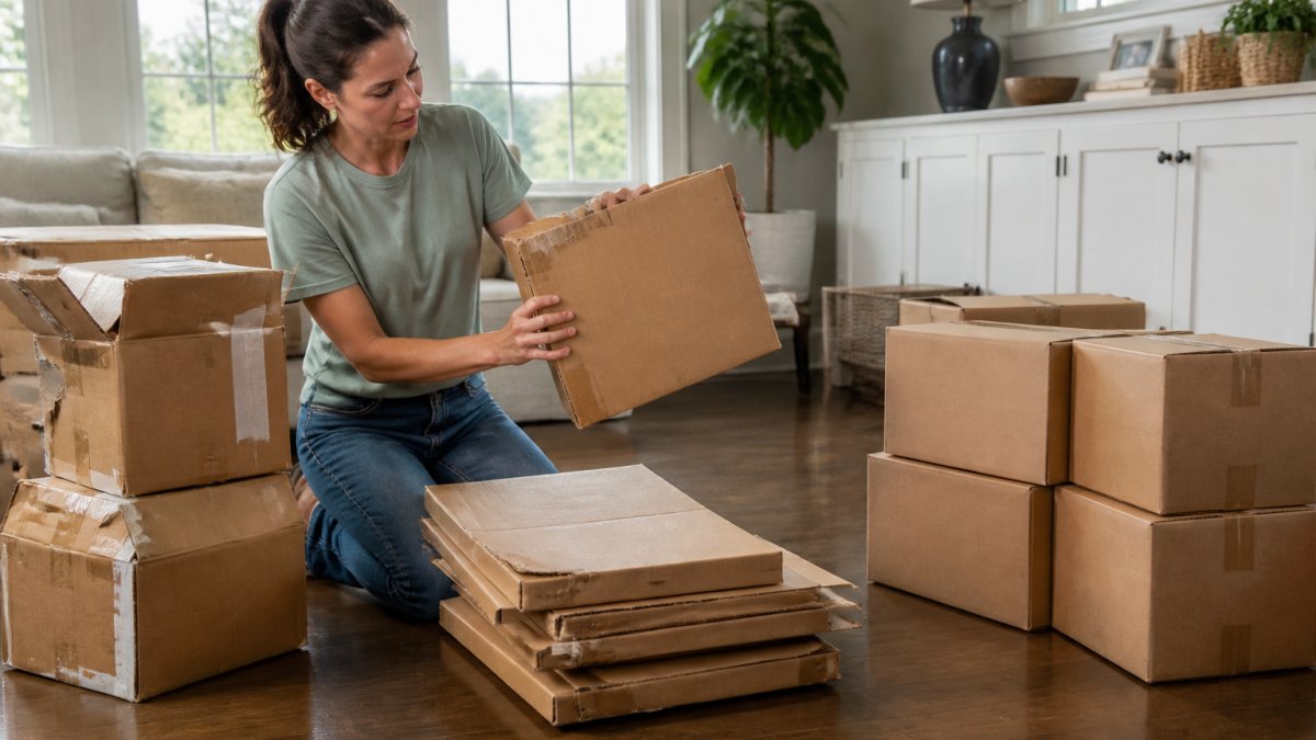 Person in living room examining and sorting stacked cardboard moving boxes into different piles by condition, with natural daylight from windows