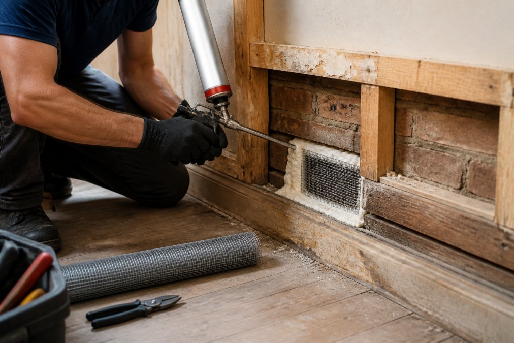 Professional pest control technician applying expanding foam sealant into wall gaps using a caulking gun, with steel mesh visible in preparation for sealing rat entry points
