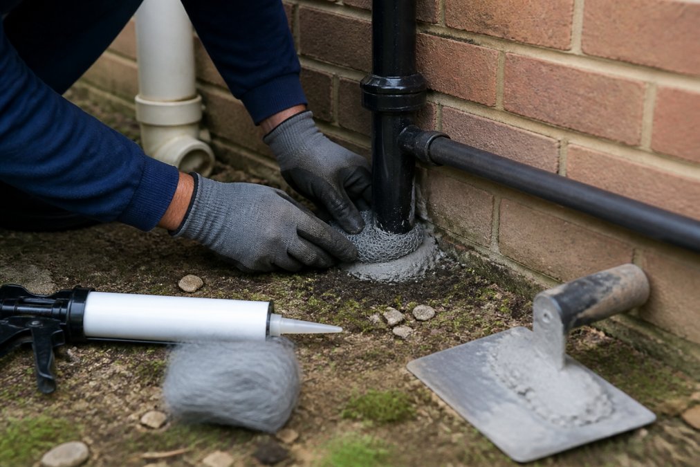 Close-up of a person in work gloves sealing a gap around an external pipe with wire wool and sealant at the base of a brick wall