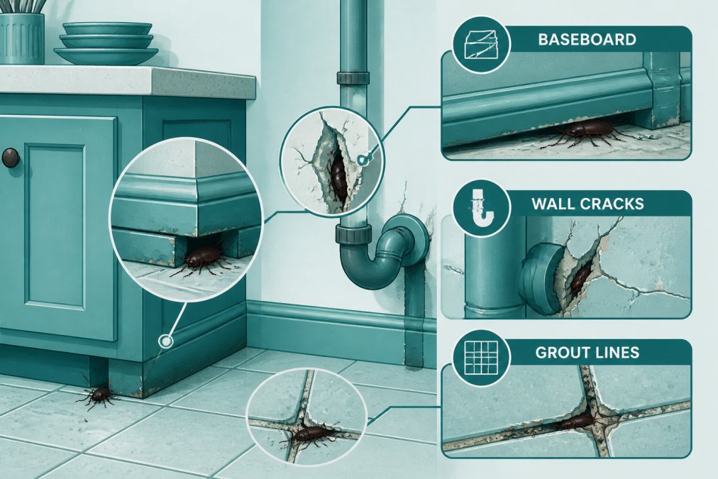 Close-up of kitchen baseboards with visible gaps, wall cracks near plumbing pipes, and deteriorated grout lines in an older apartment showing typical roach harborage areas