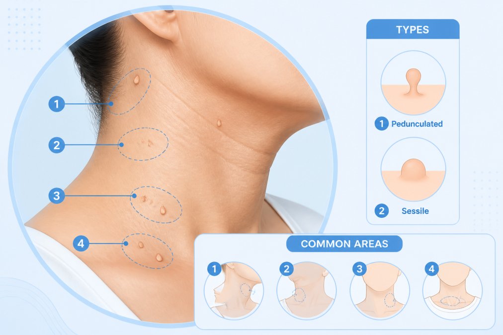 Close-up of neck area showing natural skin texture, folds, and contours where skin tags commonly develop, with soft natural lighting highlighting the delicate skin