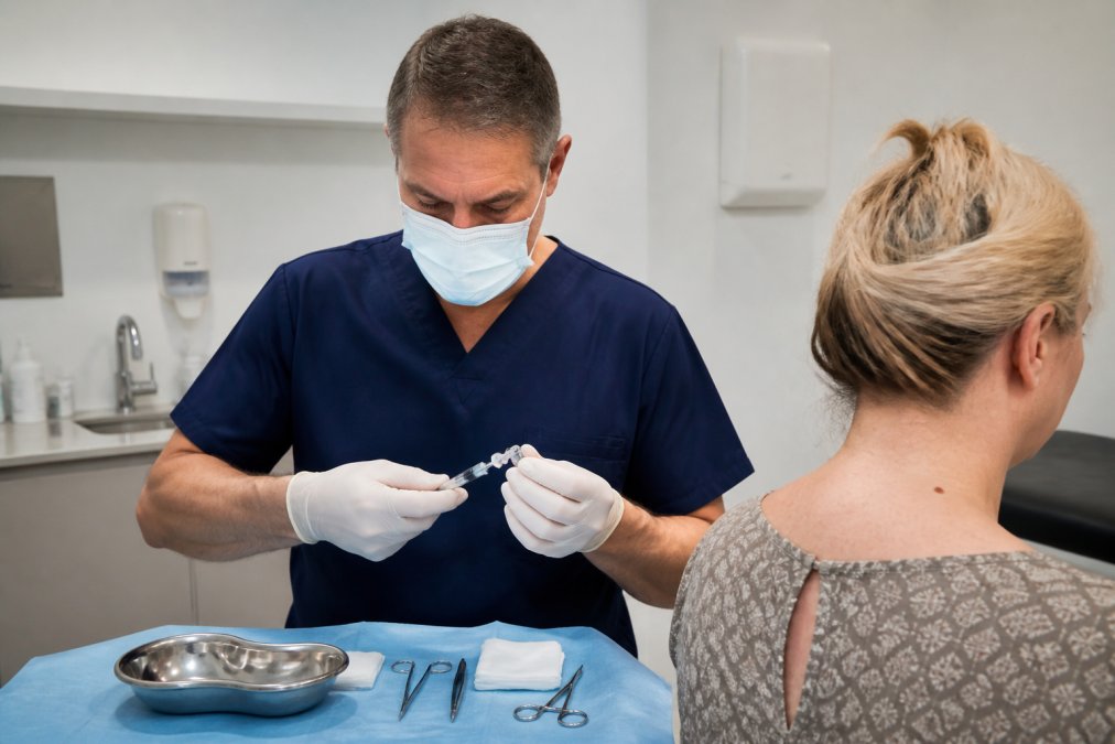 Medical professional in sterile clinical setting preparing local anaesthetic and sterile instruments for safe skin tag removal procedure on neck, with bright clinical lighting and proper infection control measures visible