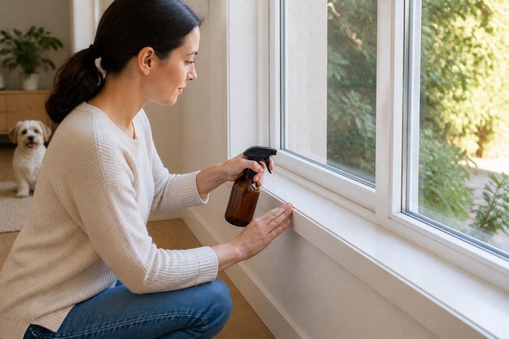 A person spraying a natural peppermint oil solution around a window sill inside a bright family home, with a small dog visible in the background