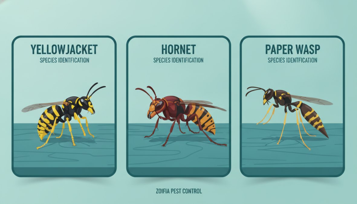 Close-up photograph of three different wasp species displayed side by side on a wooden surface in natural sunlight, showing distinctive markings of yellowjacket, hornet, and paper wasp