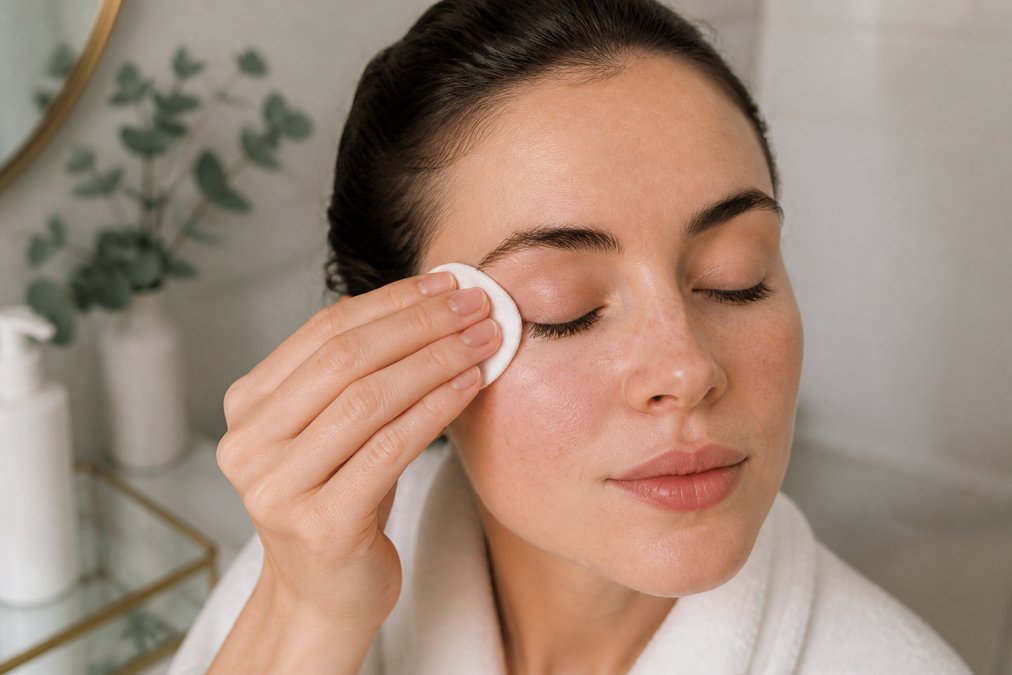 Person gently applying oil-based cleanser with a cotton pad to remove lash extensions, demonstrating careful removal technique with steady hand positioning