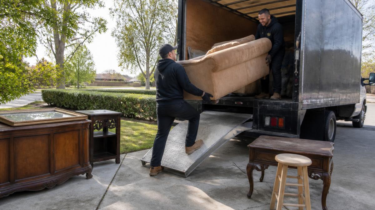 Homeowner and crew loading old furniture into a truck for same day junk removal service