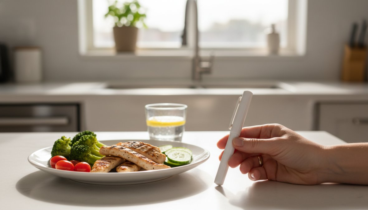 A person's hands holding a single-use injection pen next to a colorful plate of roasted vegetables and sliced grilled chicken on a clean kitchen counter, with soft natural light from a window, representing medication management alongside a healthy diet