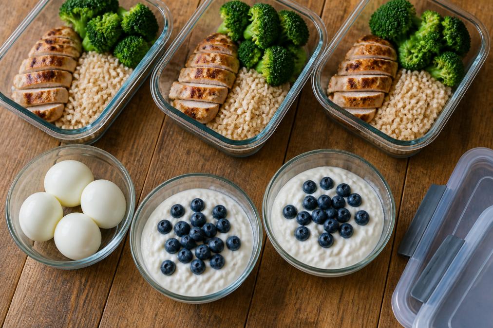 Overhead shot of a meal prep spread with grilled chicken, brown rice, broccoli, eggs, and Greek yogurt on a wooden table, natural lighting
