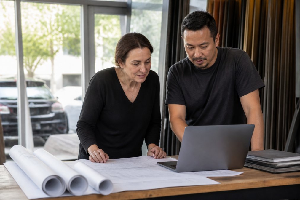 Business owner and contractor reviewing sign permits on a laptop during a pre-application planning meeting