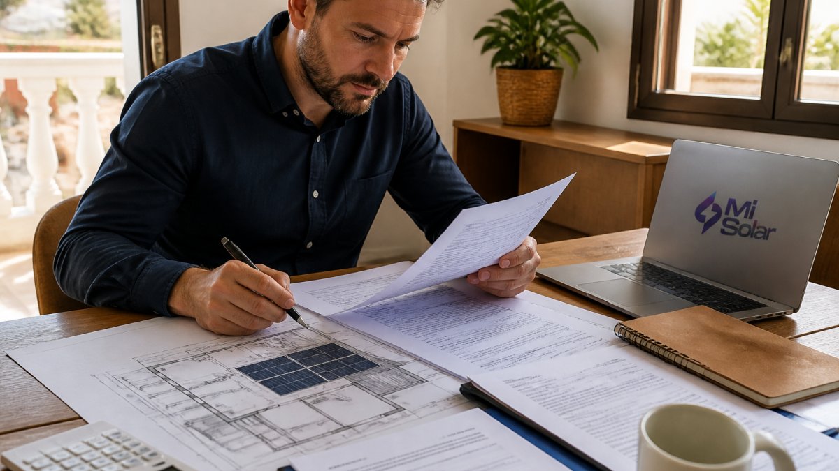 Homeowner reviewing solar installation documents and permit forms spread across a desk with a laptop, architectural plans, and paperwork in natural office lighting