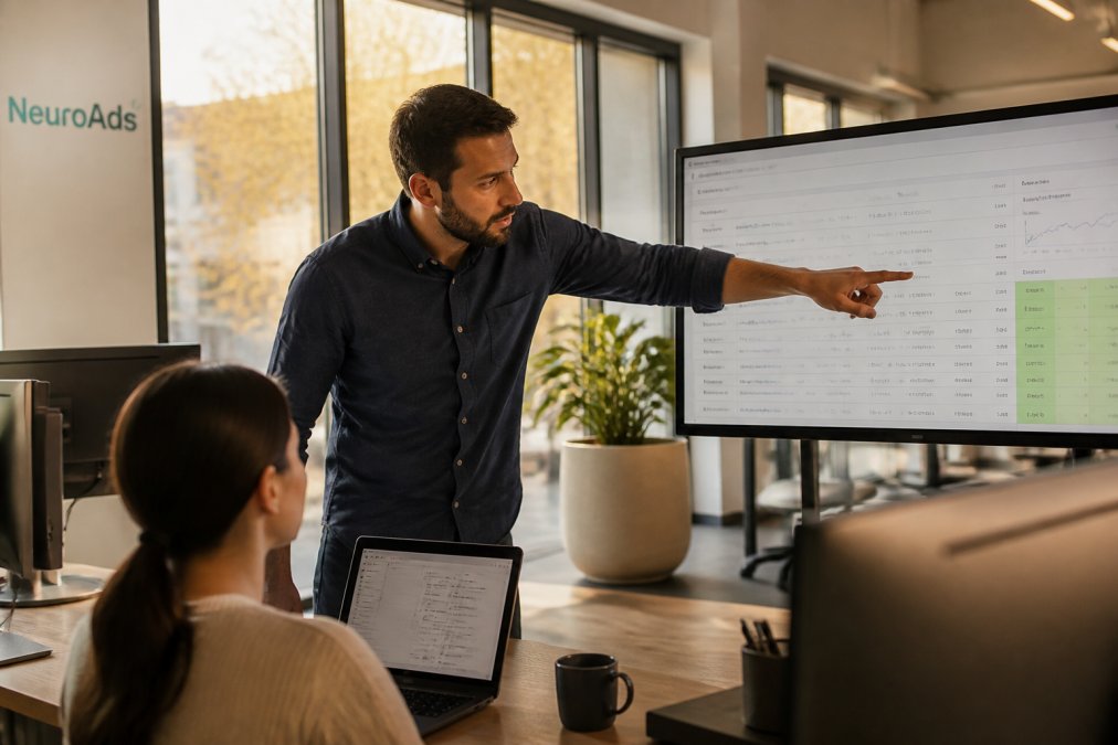 A digital marketer pointing at an audience segmentation dashboard on a large monitor in a modern office, warm afternoon light through windows