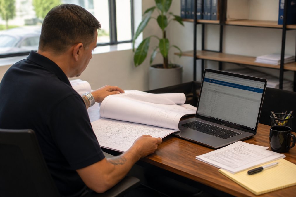 A small business owner reviewing architectural drawings and permit documents on a clean desk in a modern office, with a laptop showing the LADBS ePlan portal
