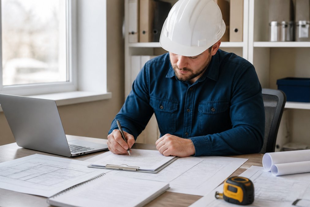 A contractor in a hard hat reviewing paperwork at a desk with a laptop open, filling out forms in a bright office setting