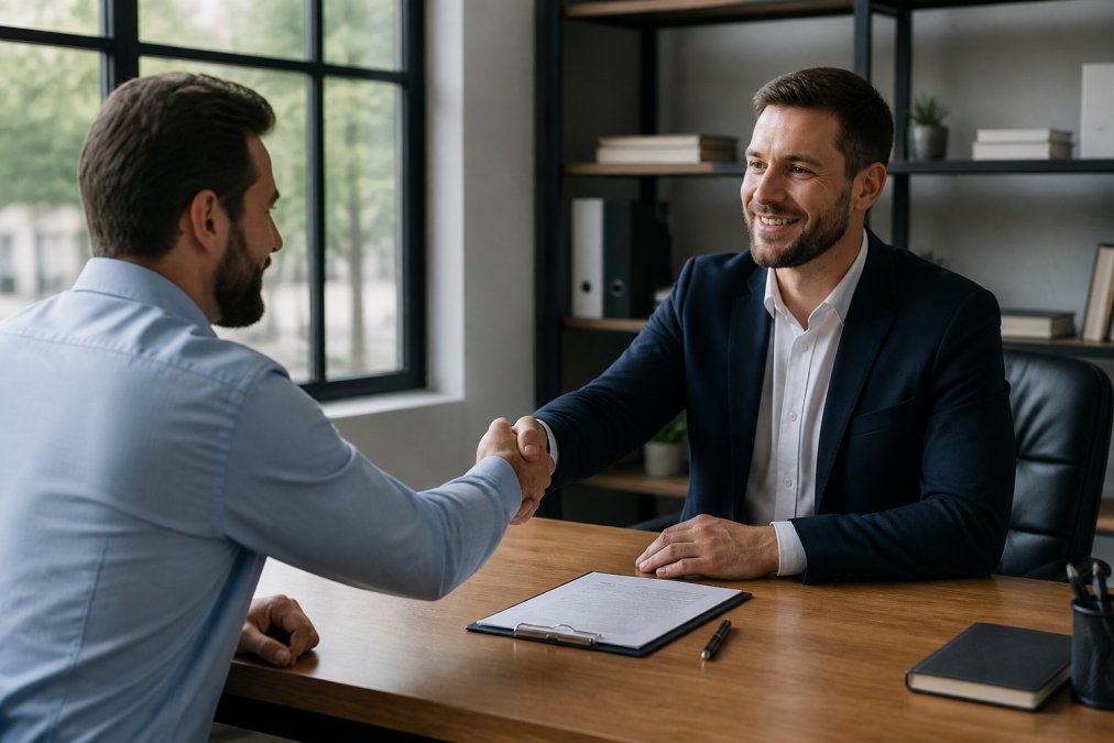 A business professional shaking hands with an insurance agent across a desk, with documents and a pen visible between them in a well-lit office