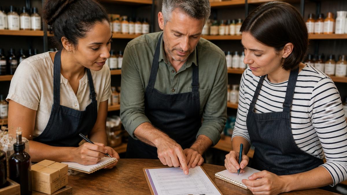 Retail manager using a printed checklist to train staff members at a store counter