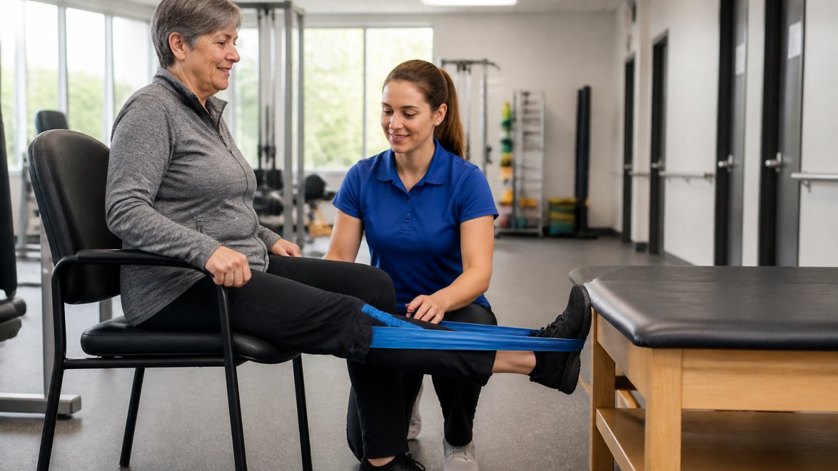 Step-by-step diagram of seated knee extensions, the best physical therapy for knee surgery recovery.